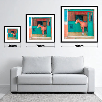 The Emerald Stable Door - size guide showing 40cm, 70cm and 90cm art prints