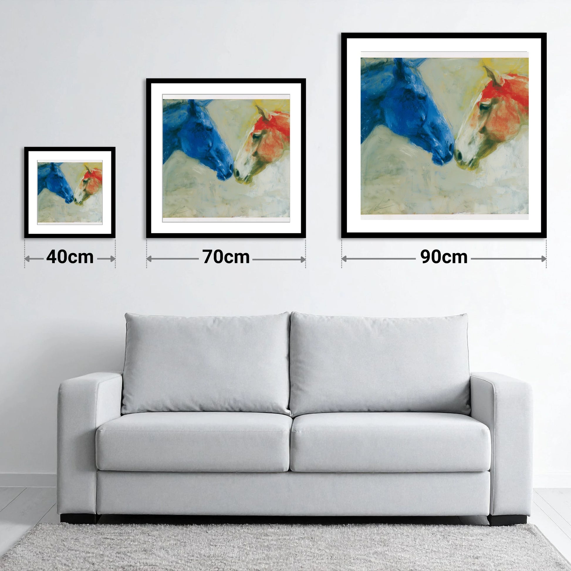 Cerulean and Crimson Bond - size guide showing 40cm, 70cm and 90cm art prints