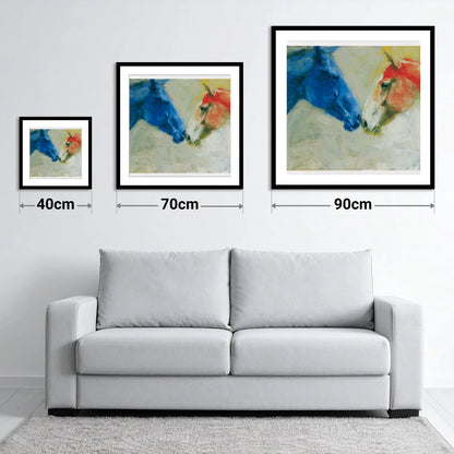 Cerulean and Crimson Bond - size guide showing 40cm, 70cm and 90cm art prints