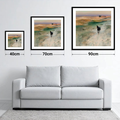 Heading Home - size guide showing 40cm, 70cm and 90cm art prints