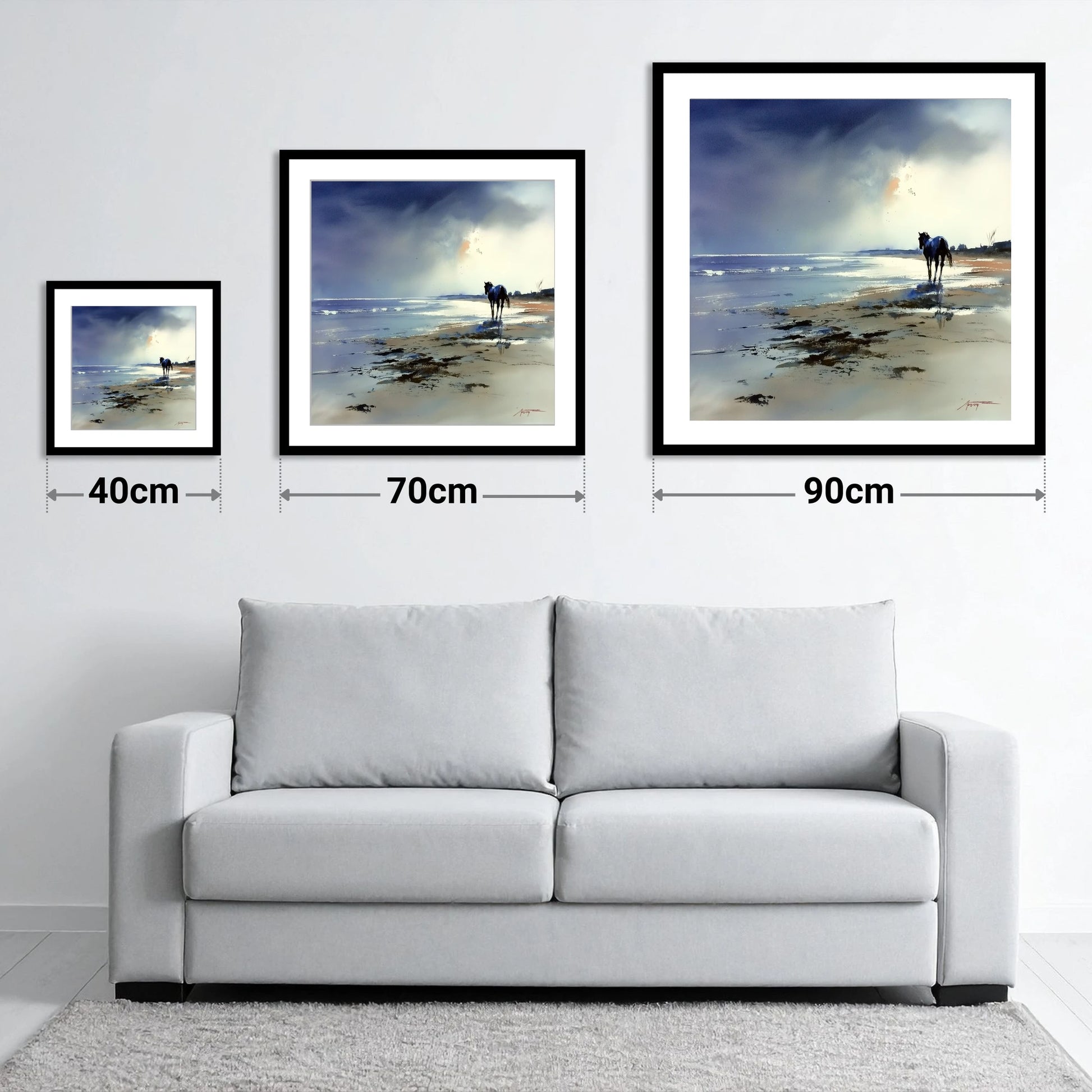 The Solitary Shoreline - size guide showing 40cm, 70cm and 90cm art prints