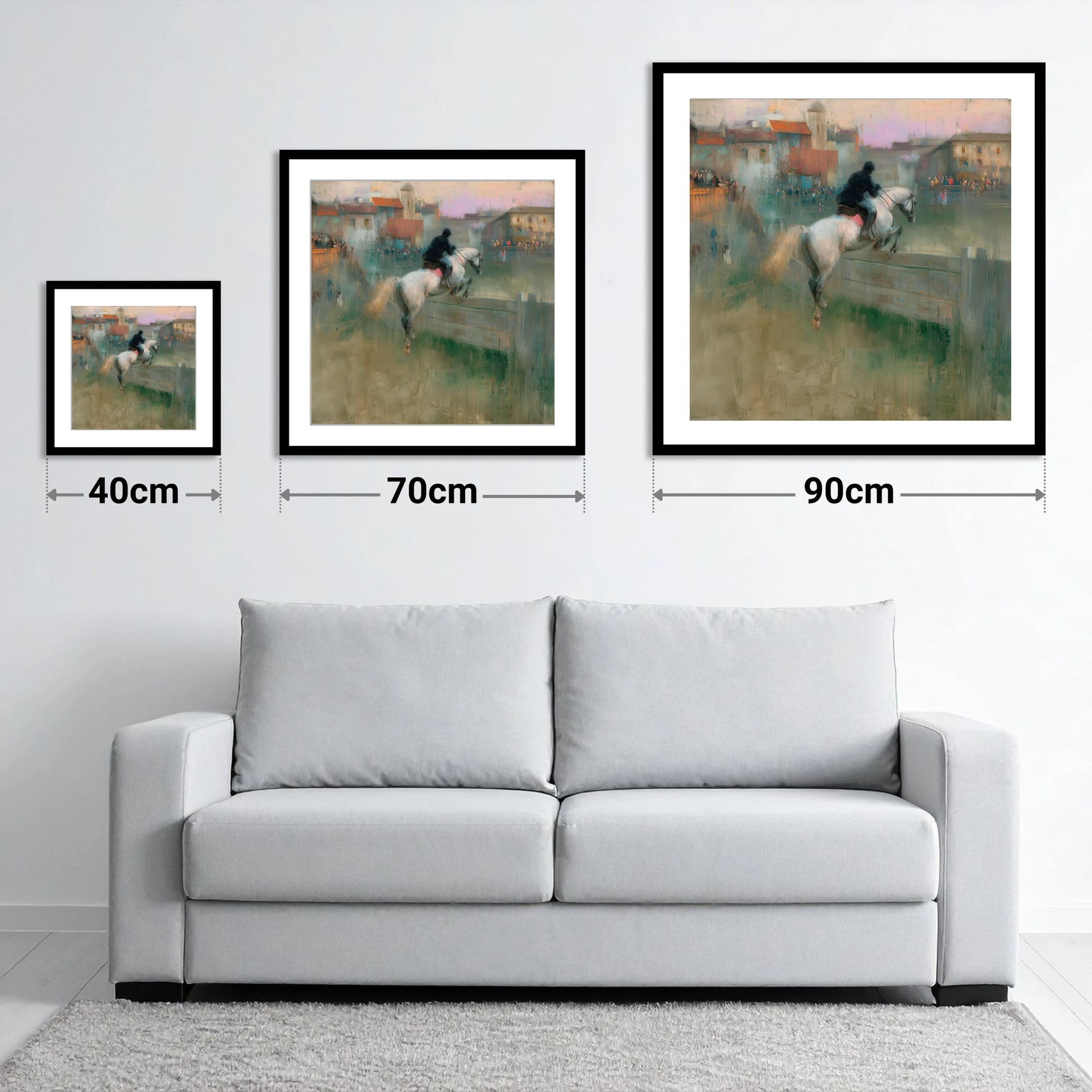 Over the Village Timber - size guide showing 40cm, 70cm and 90cm art prints