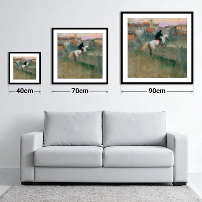 Over the Village Timber - size guide showing 40cm, 70cm and 90cm art prints