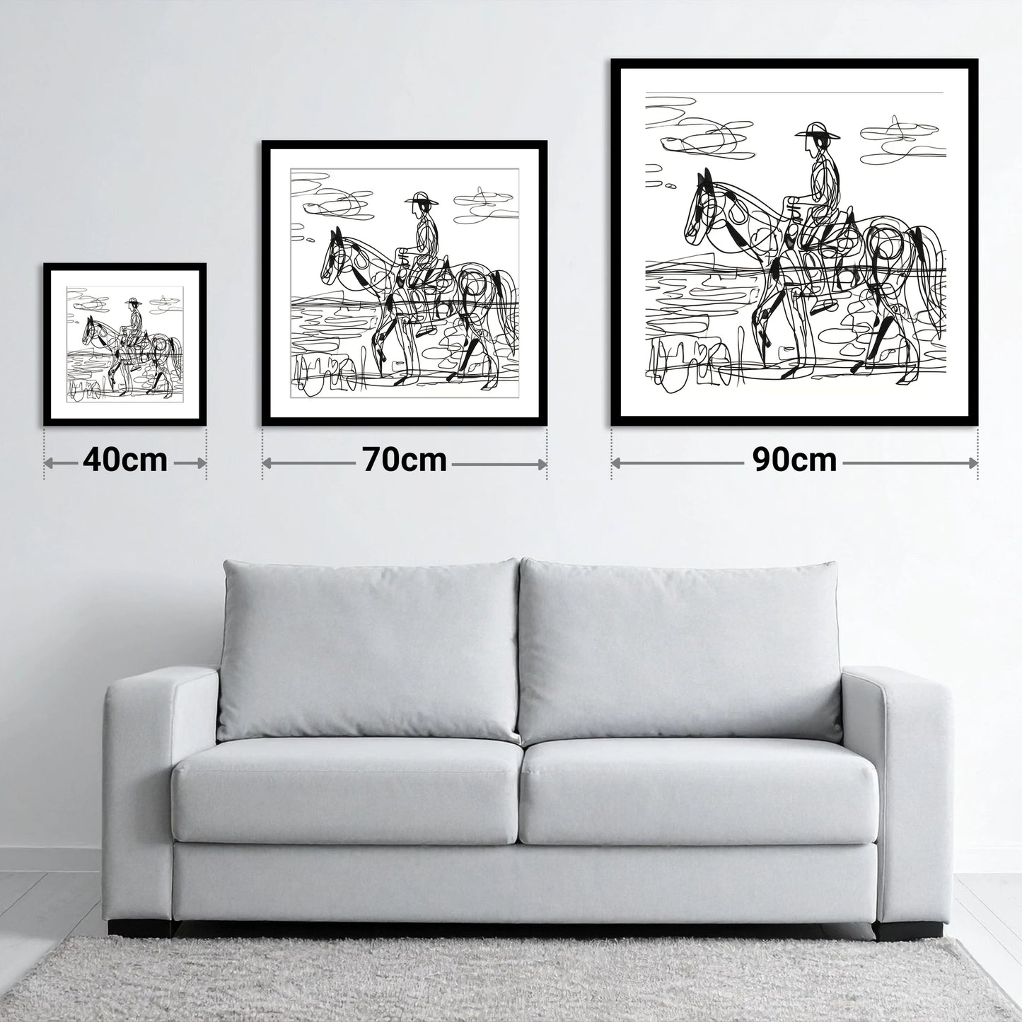 Linear Beach Ride - size guide showing 40cm, 70cm and 90cm art prints