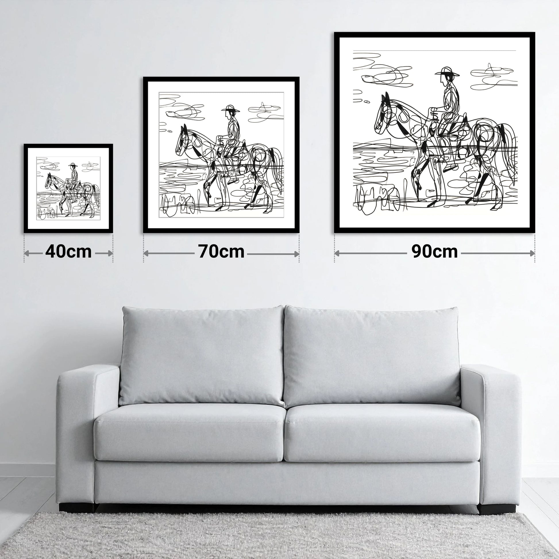 Linear Beach Ride - size guide showing 40cm, 70cm and 90cm art prints