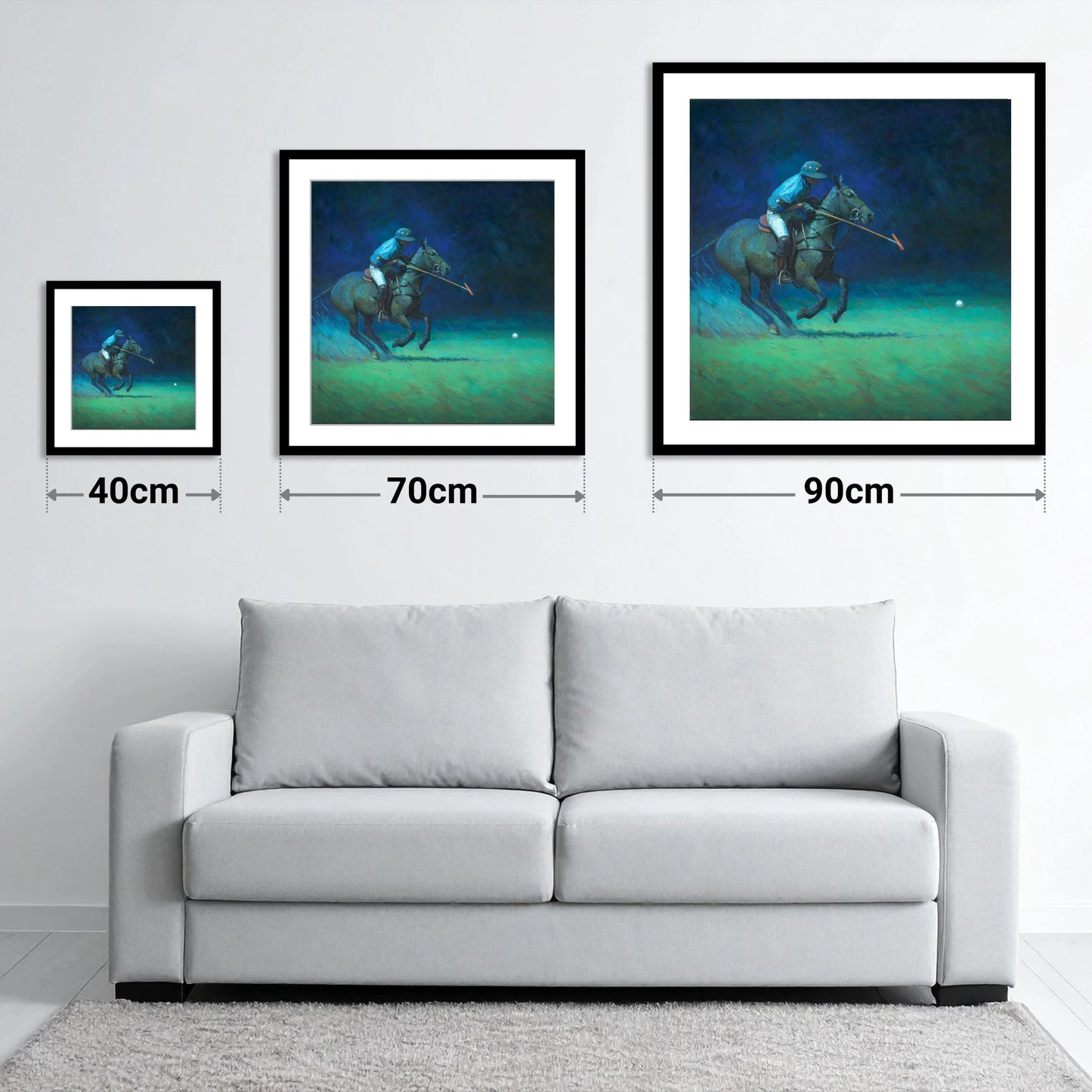 Midnight Chukka - size guide showing 40cm, 70cm and 90cm art prints