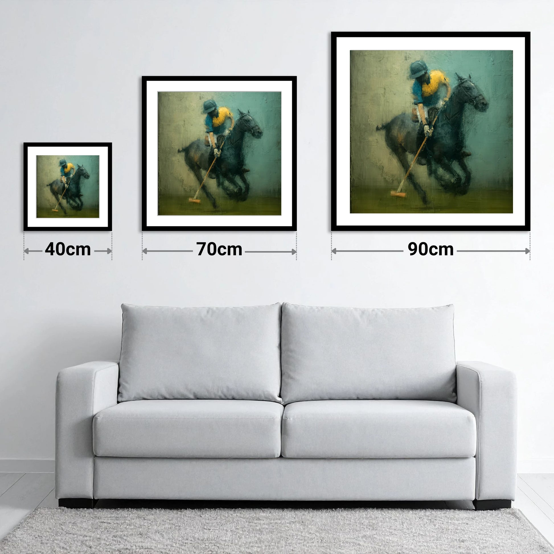 Midfield Strike - size guide showing 40cm, 70cm and 90cm art prints