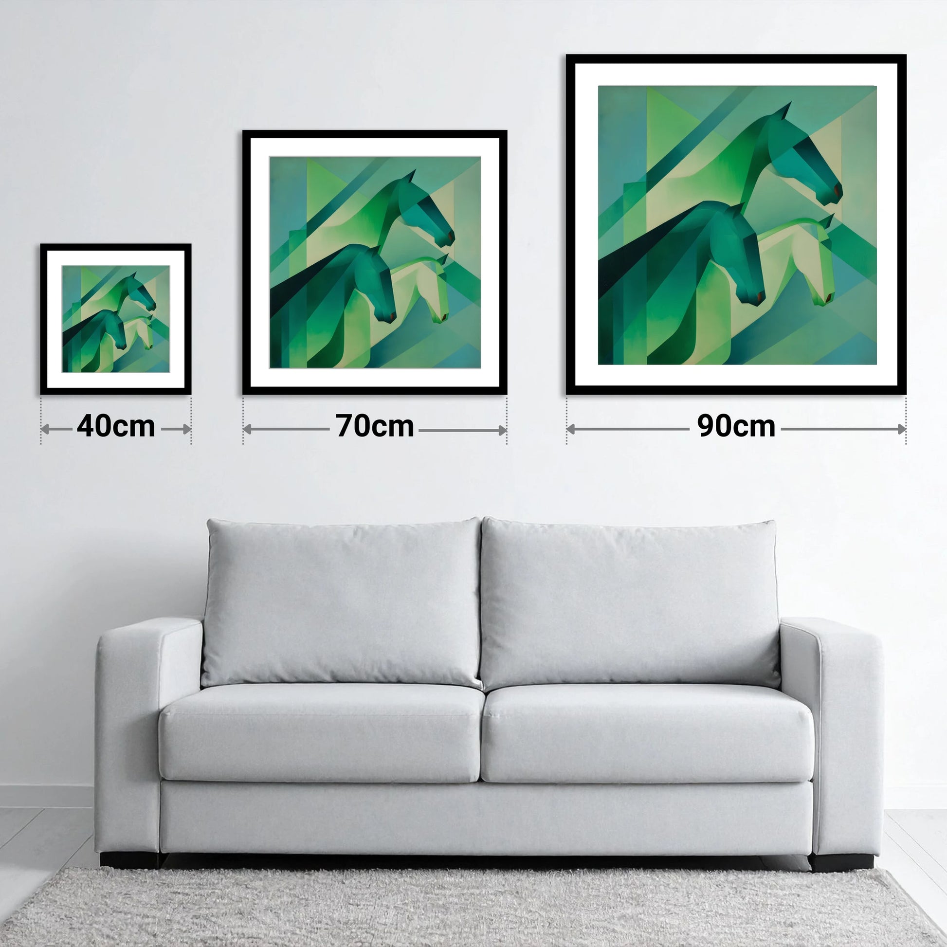 Emerald Equine Rhythms - size guide showing 40cm, 70cm and 90cm art prints