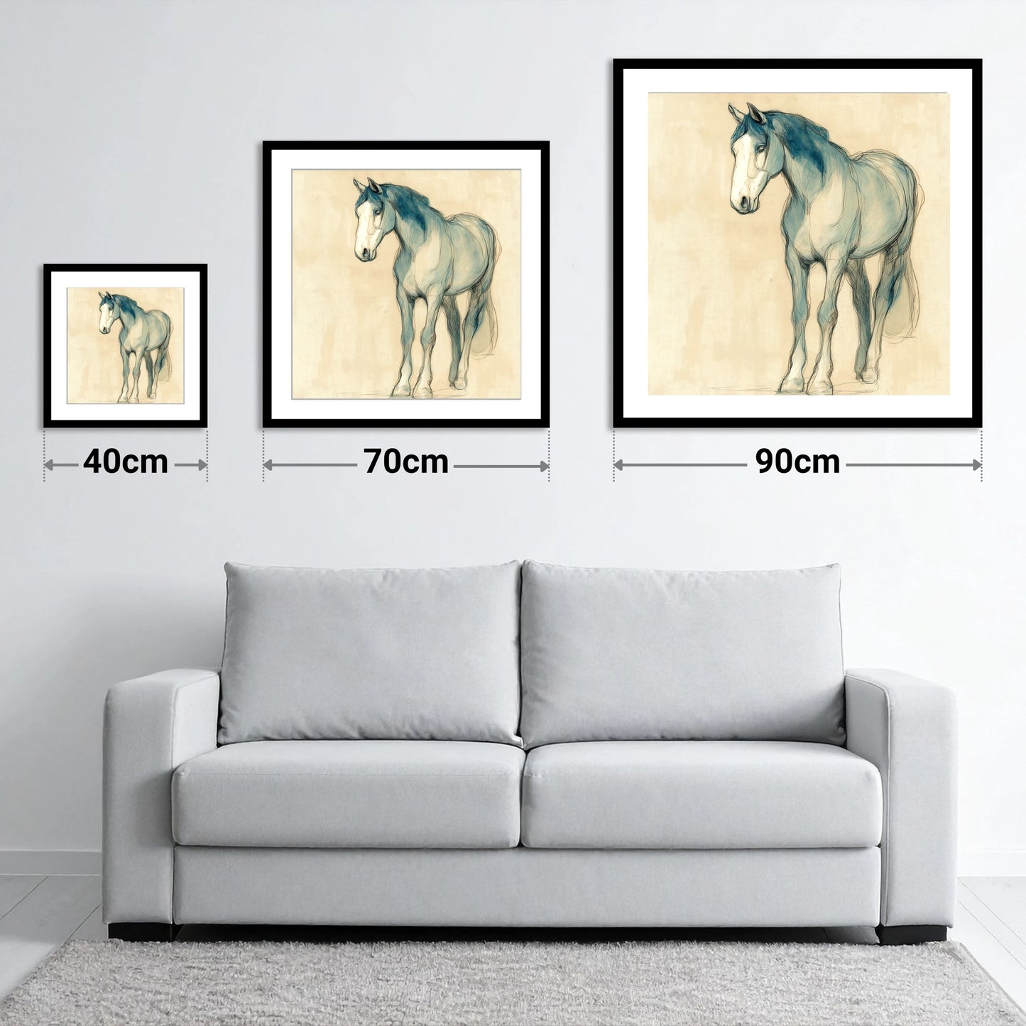 Azure Equine Sketch - size guide showing 40cm, 70cm and 90cm art prints