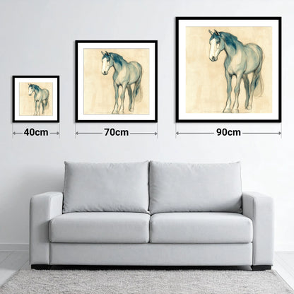 Azure Equine Sketch - size guide showing 40cm, 70cm and 90cm art prints