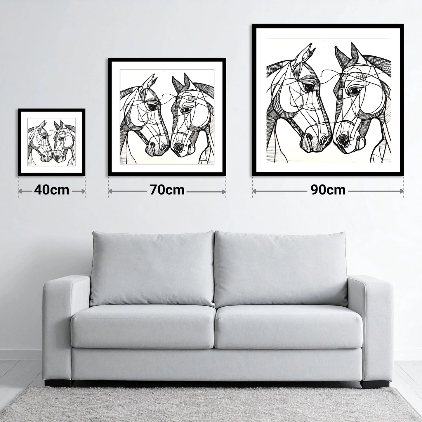 Structural Equine Bond - size guide showing 40cm, 70cm and 90cm art prints