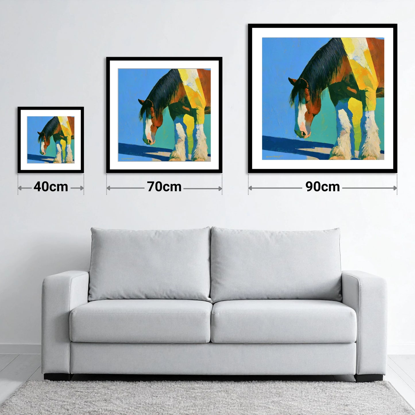 Clydesdale Horse Against Blue Sky - size guide showing 40cm, 70cm and 90cm art prints
