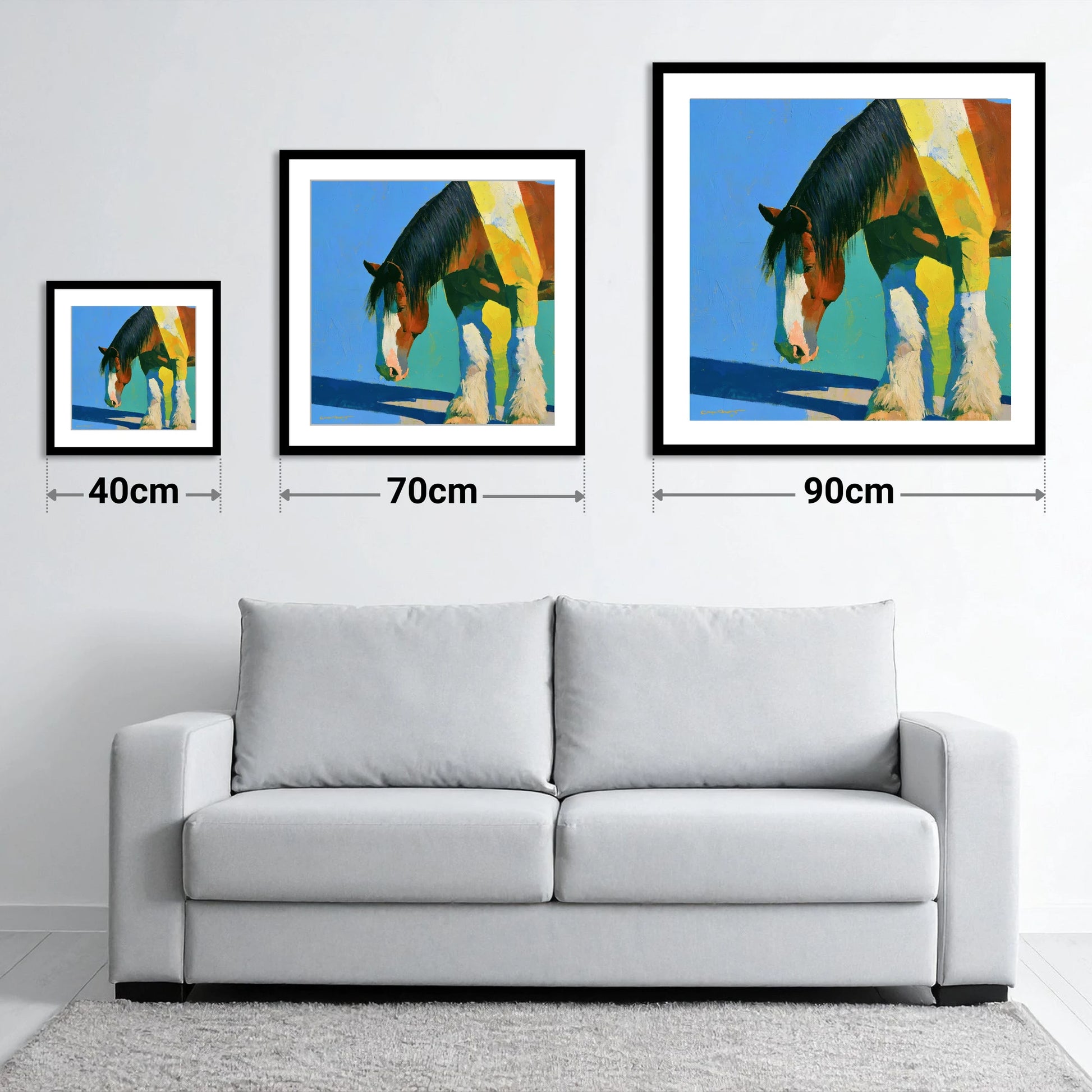 Clydesdale Horse Against Blue Sky - size guide showing 40cm, 70cm and 90cm art prints