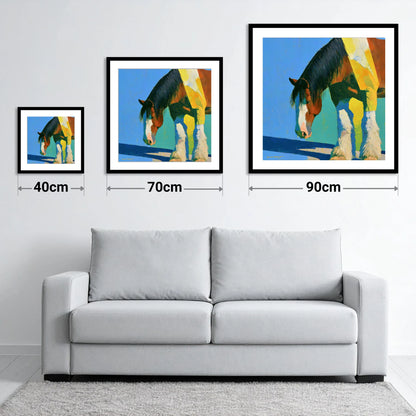 Clydesdale Horse Against Blue Sky - size guide showing 40cm, 70cm and 90cm art prints