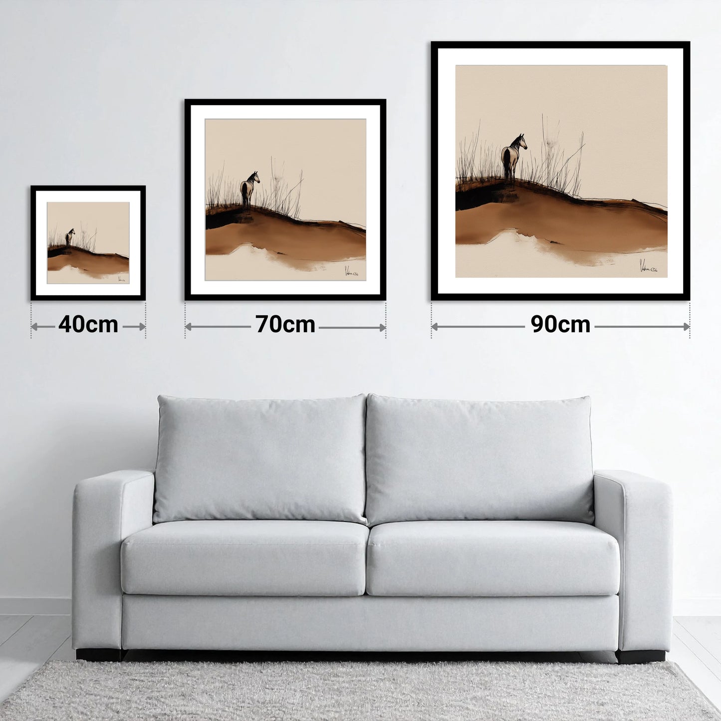 Solitude on the Ridge - size guide showing 40cm, 70cm and 90cm art prints