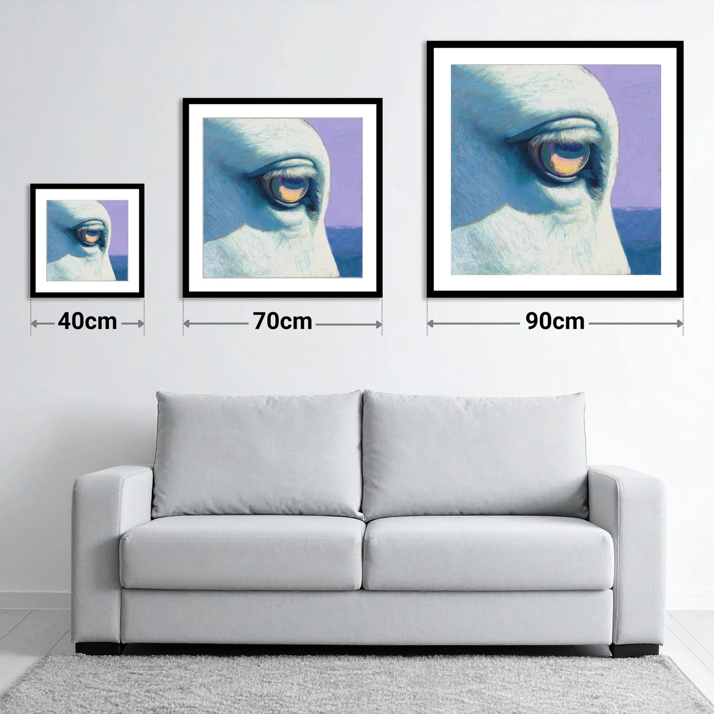 The Serene Gaze - size guide showing 40cm, 70cm and 90cm art prints