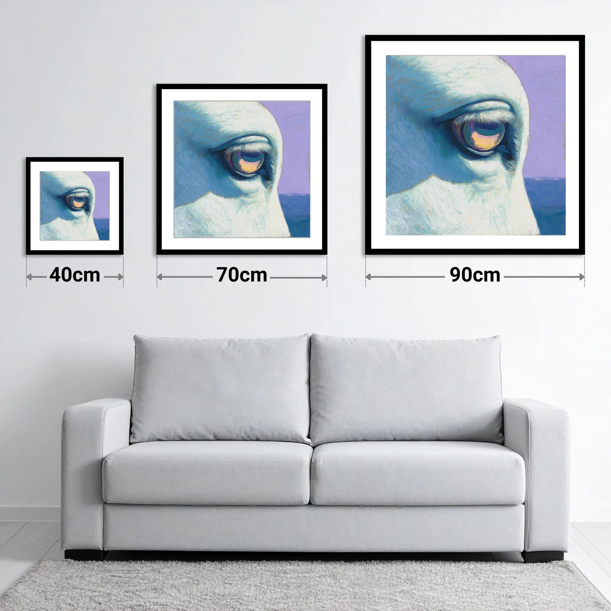 The Serene Gaze - size guide showing 40cm, 70cm and 90cm art prints