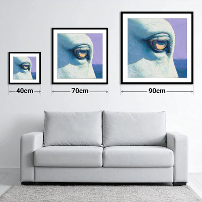 The Serene Gaze - size guide showing 40cm, 70cm and 90cm art prints