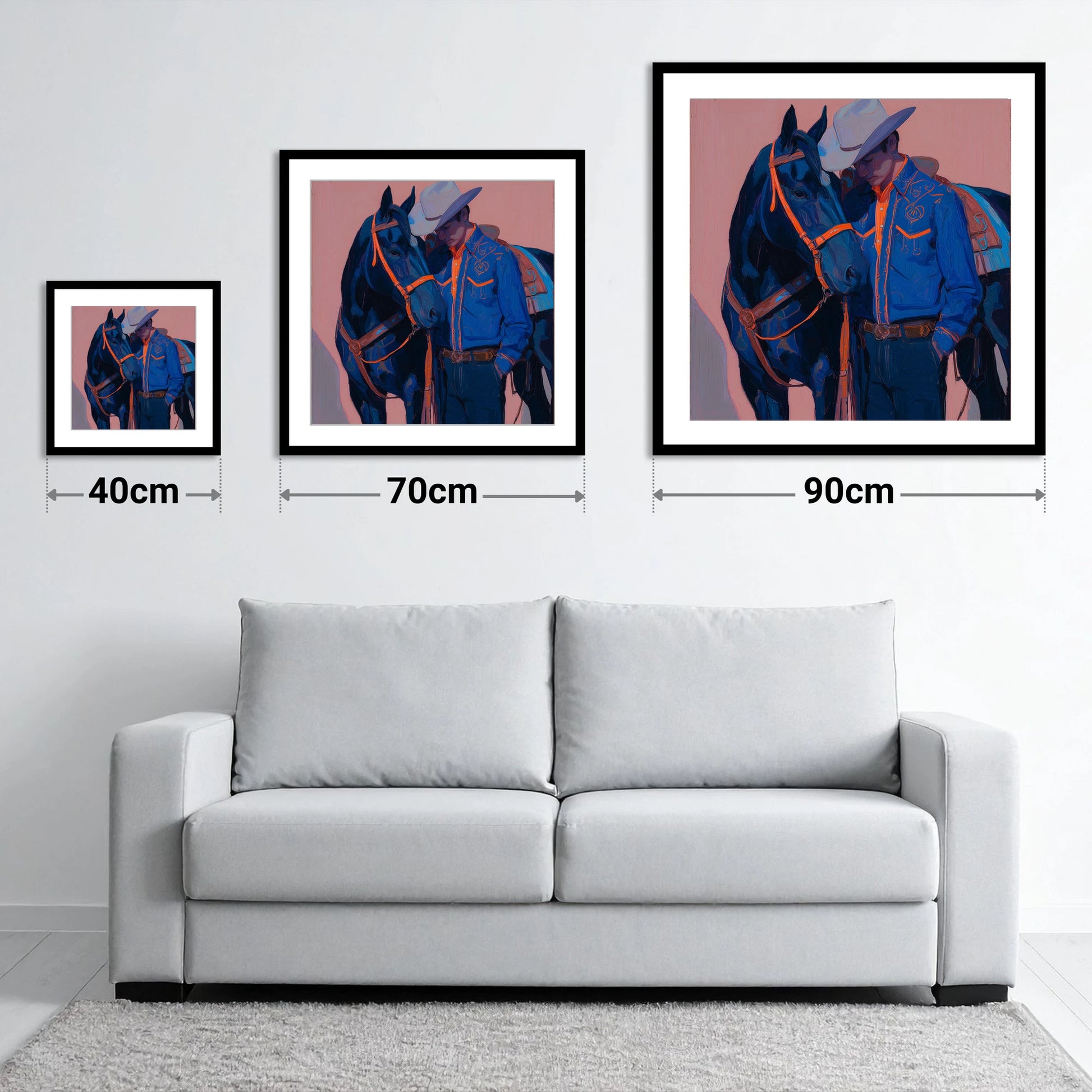 Electric Indigo Bond - size guide showing 40cm, 70cm and 90cm art prints