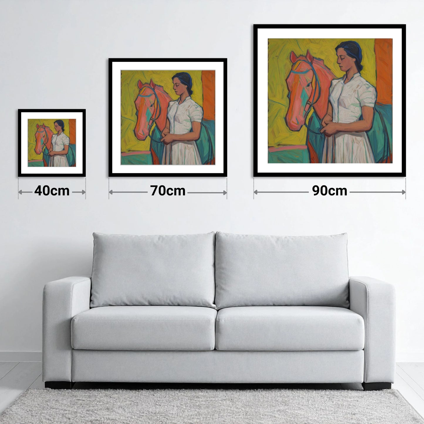 Vibrant Connection - size guide showing 40cm, 70cm and 90cm art prints