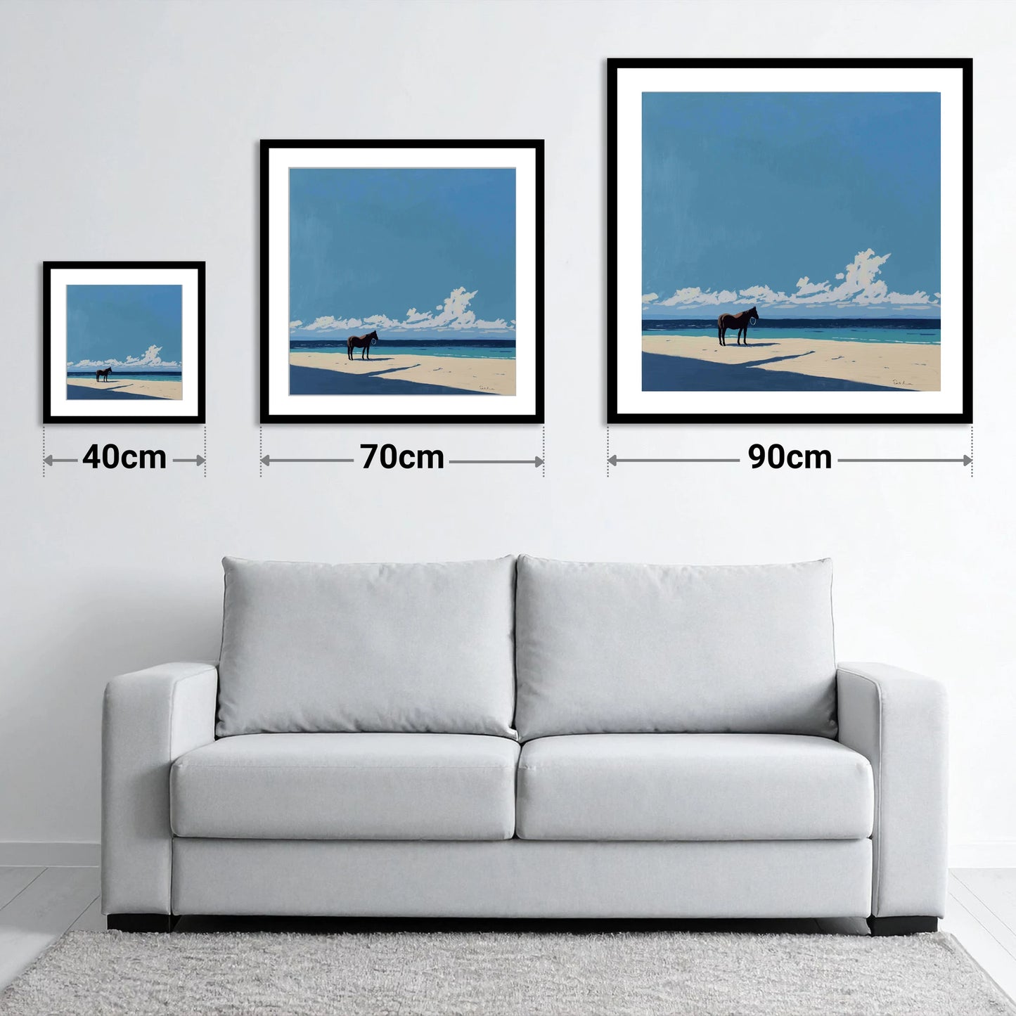 Coastal Contemplation - size guide showing 40cm, 70cm and 90cm art prints
