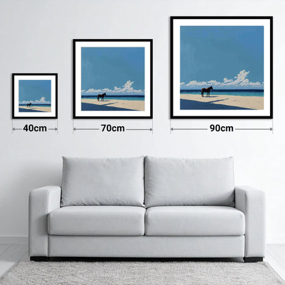 Coastal Contemplation - size guide showing 40cm, 70cm and 90cm art prints