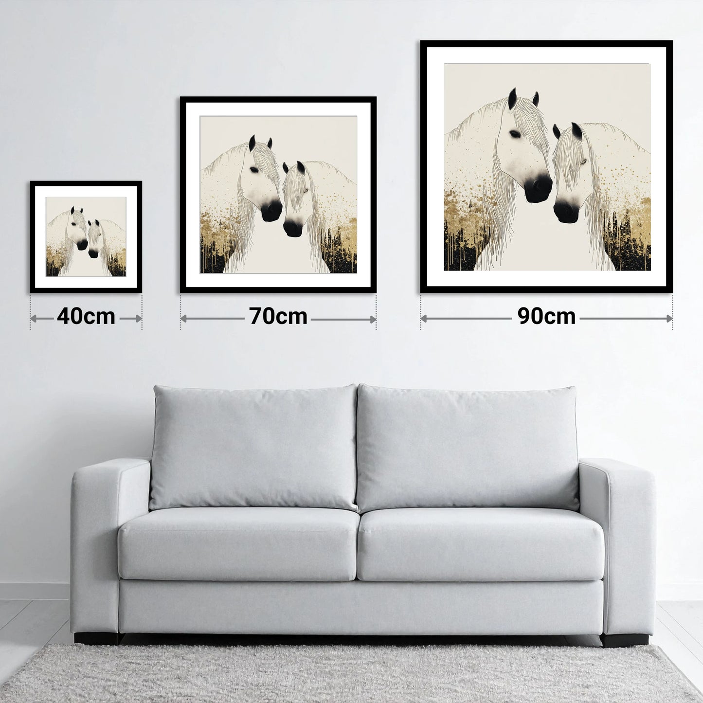 Gilded Companions - size guide showing 40cm, 70cm and 90cm art prints