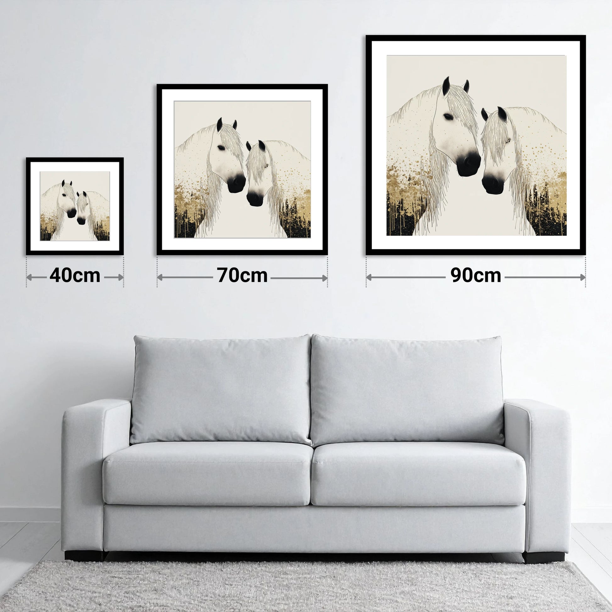 Gilded Companions - size guide showing 40cm, 70cm and 90cm art prints
