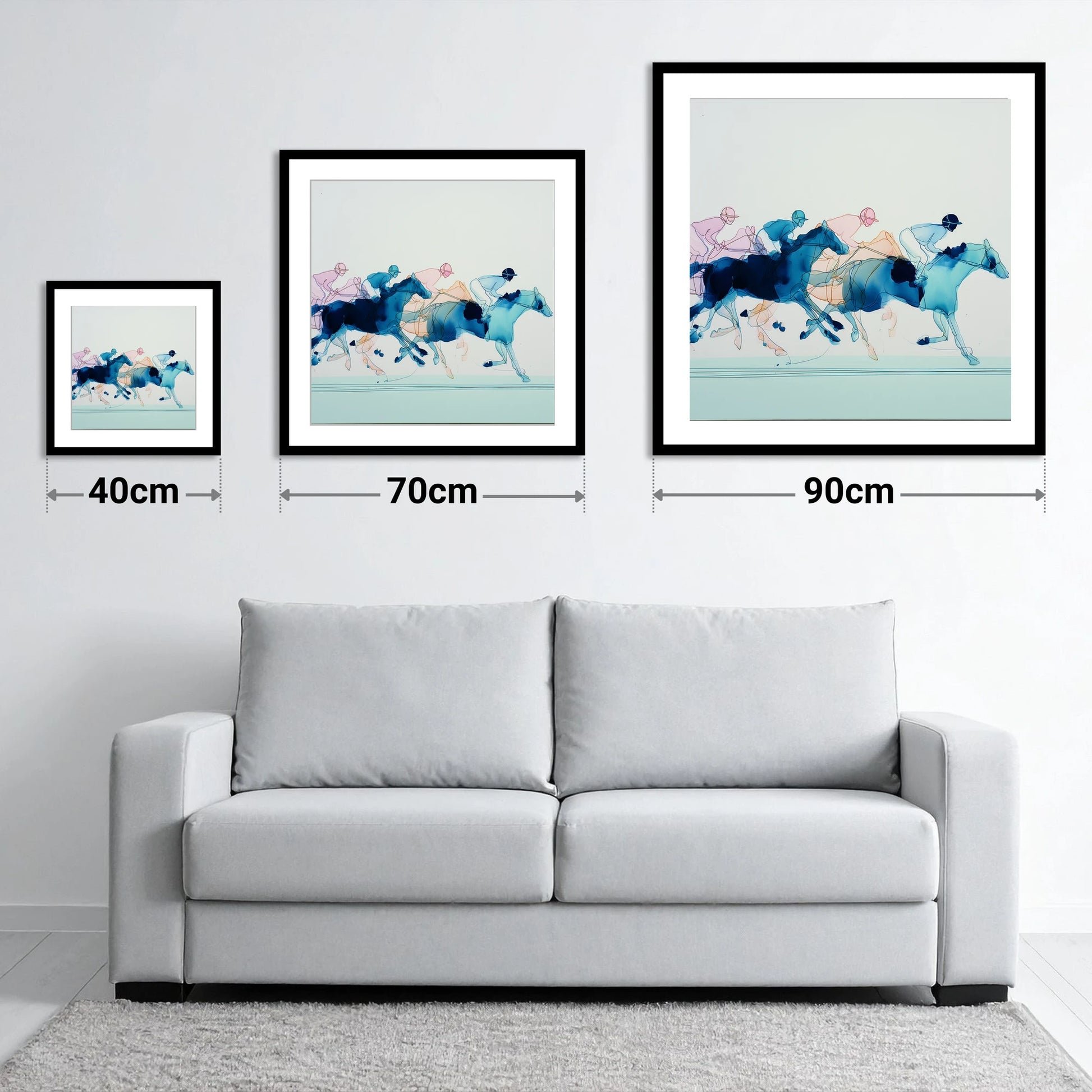 Fluid Racing Strides - size guide showing 40cm, 70cm and 90cm art prints