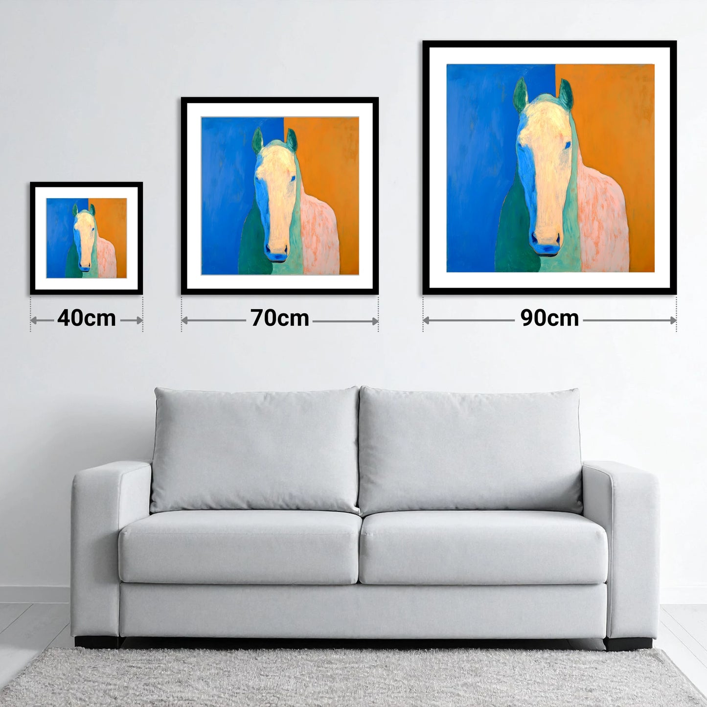 Cobalt And Clay Equine - size guide showing 40cm, 70cm and 90cm art prints