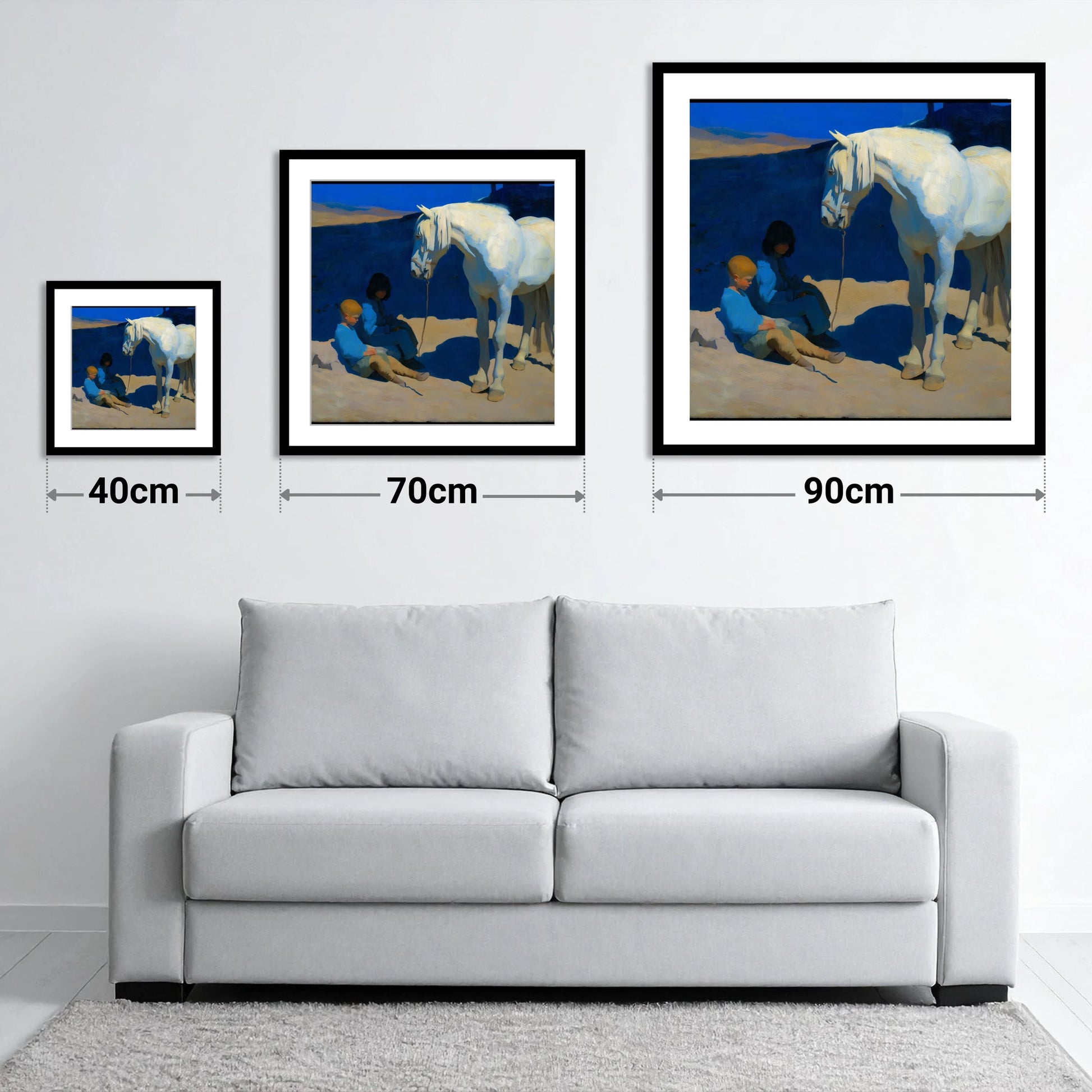 Azure and Ivory Bond - size guide showing 40cm, 70cm and 90cm art prints