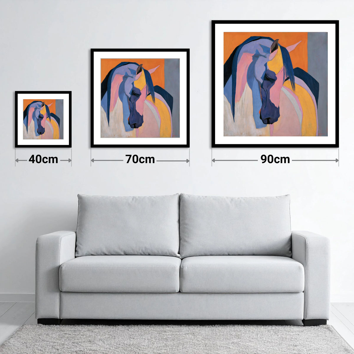 Colourful Abstract Horse Profile - size guide showing 40cm, 70cm and 90cm art prints