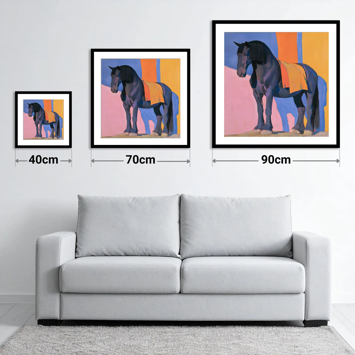 Heavy Horse Colour Block Portrait - size guide showing 40cm, 70cm and 90cm art prints