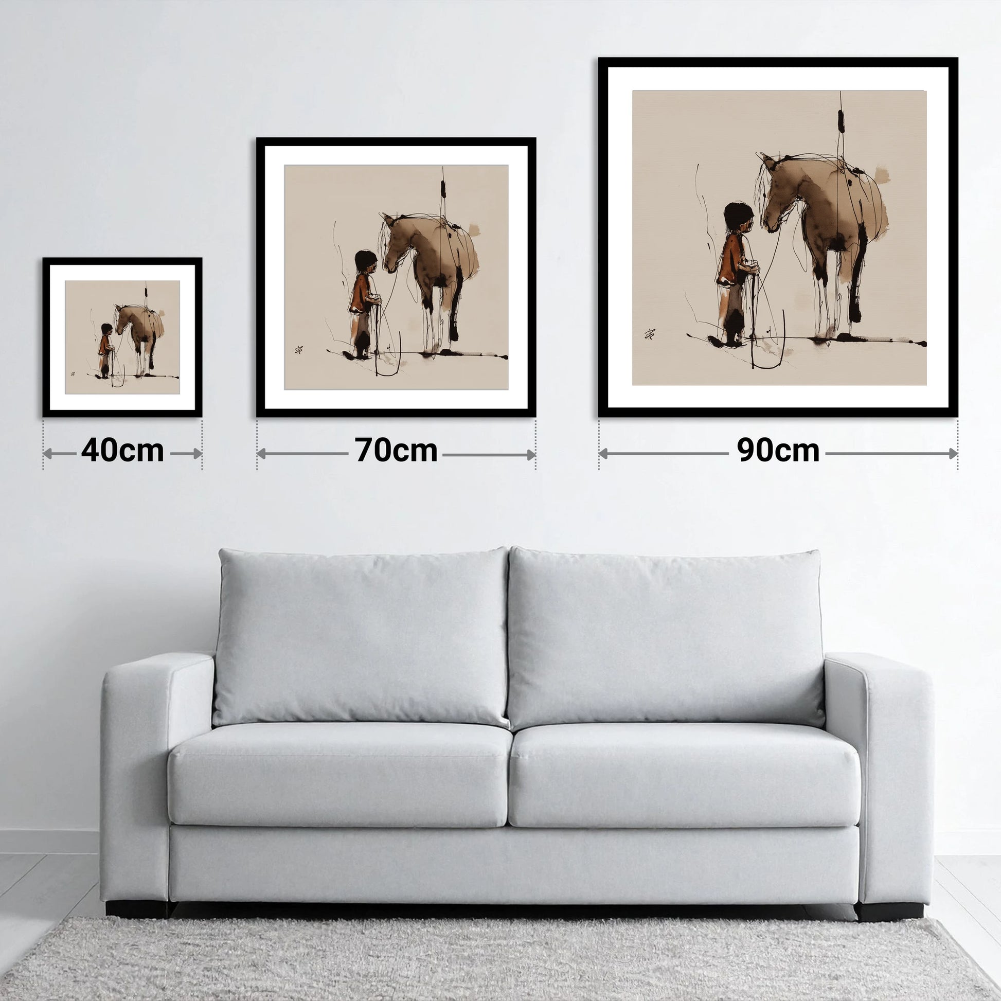 The Silent Bond - size guide showing 40cm, 70cm and 90cm art prints