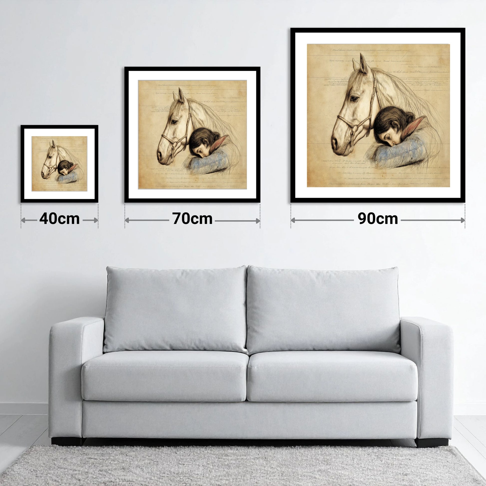 Timeless Connection - size guide showing 40cm, 70cm and 90cm art prints