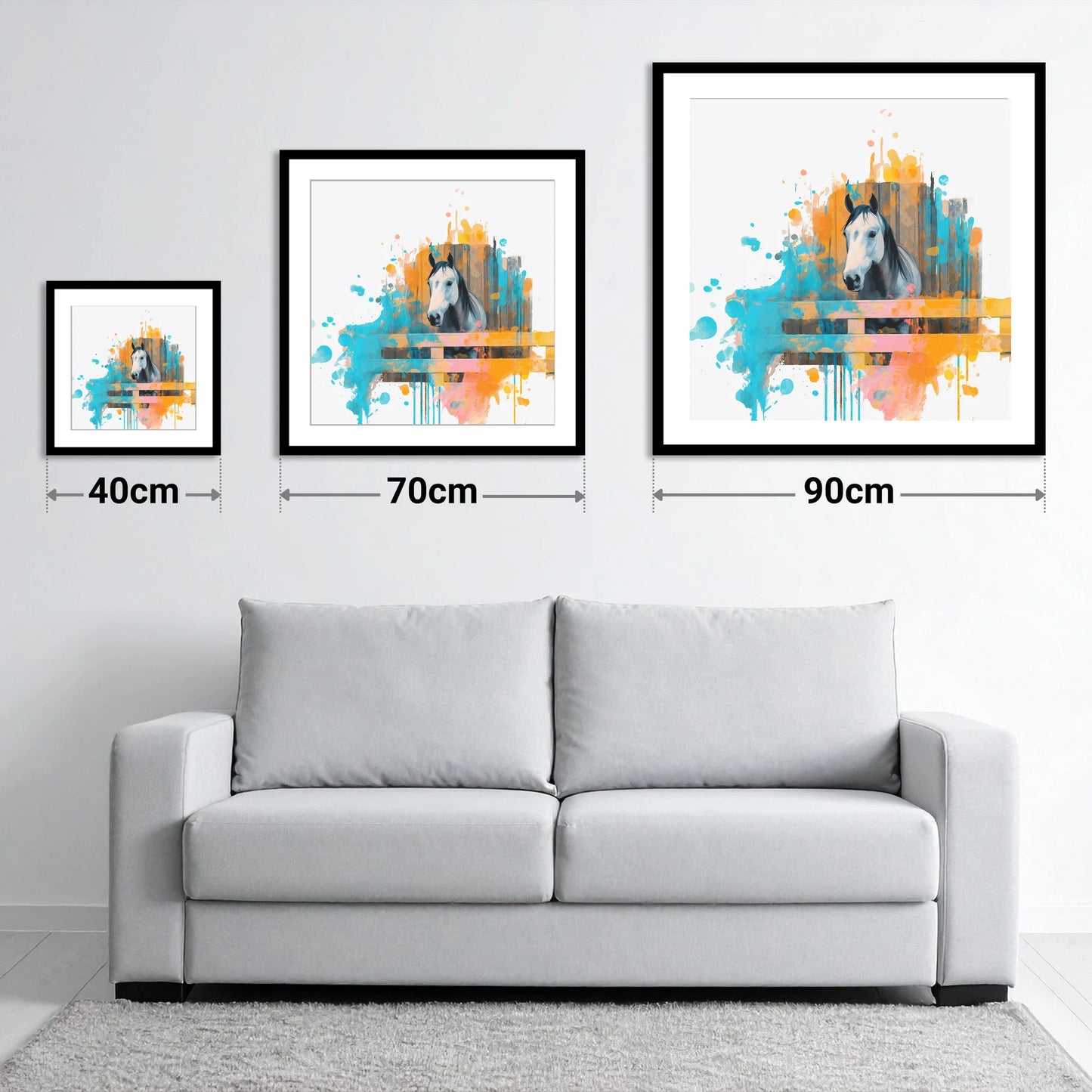 The Inquisitive Grey - size guide showing 40cm, 70cm and 90cm art prints