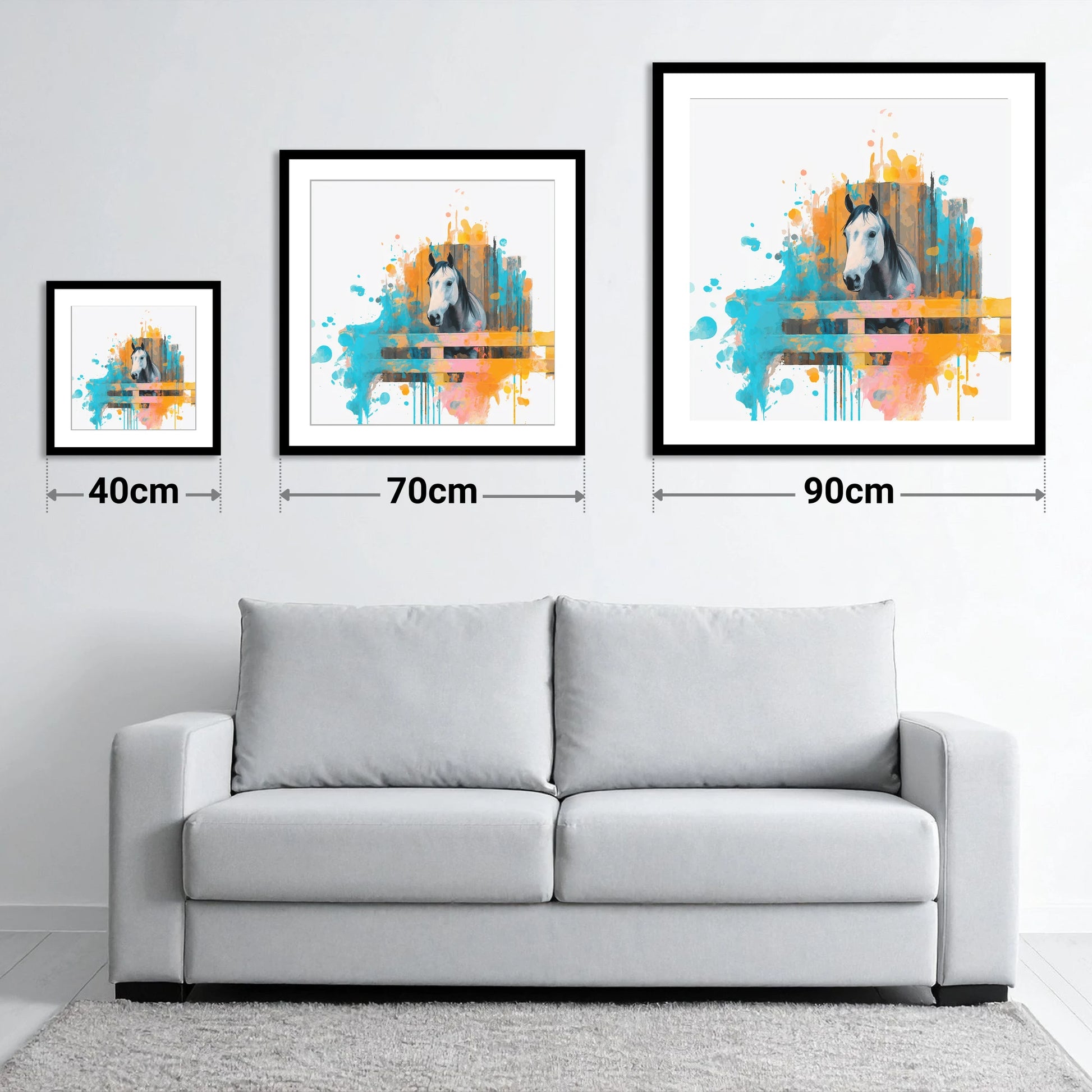The Inquisitive Grey - size guide showing 40cm, 70cm and 90cm art prints