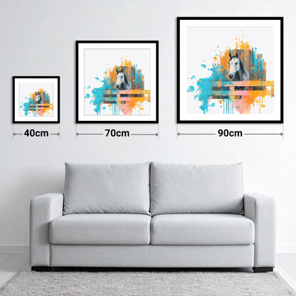 The Inquisitive Grey - size guide showing 40cm, 70cm and 90cm art prints