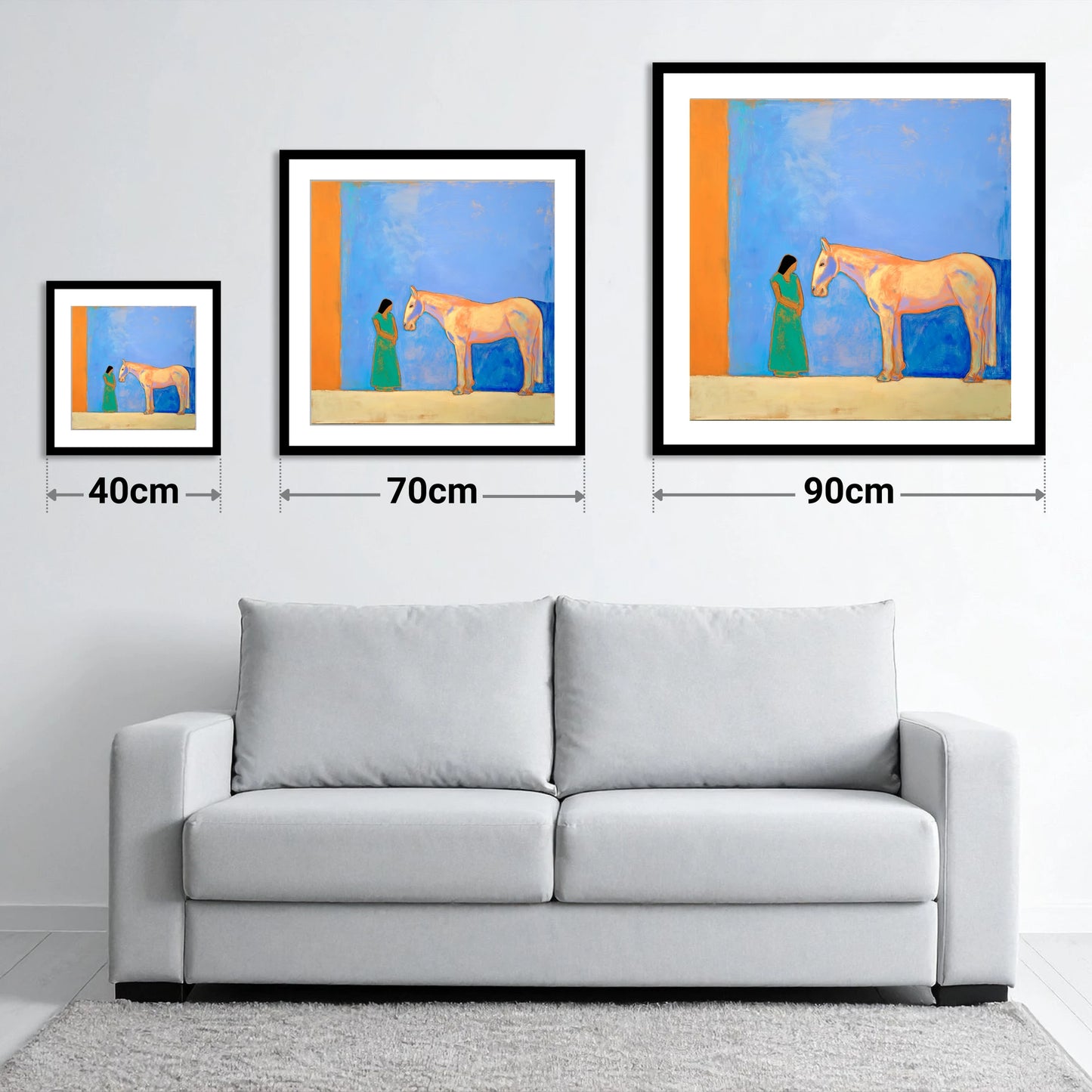 Silent Understanding - size guide showing 40cm, 70cm and 90cm art prints