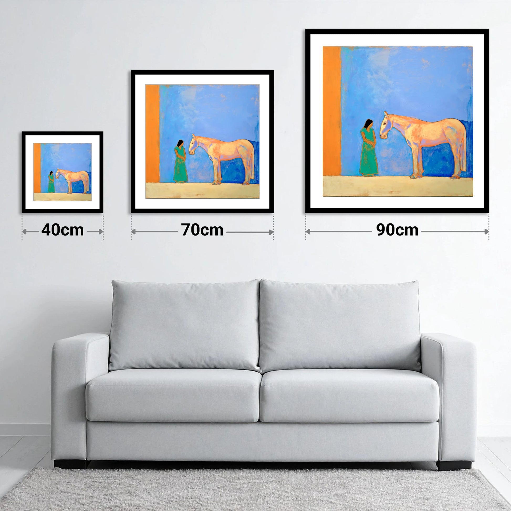 Silent Understanding - size guide showing 40cm, 70cm and 90cm art prints