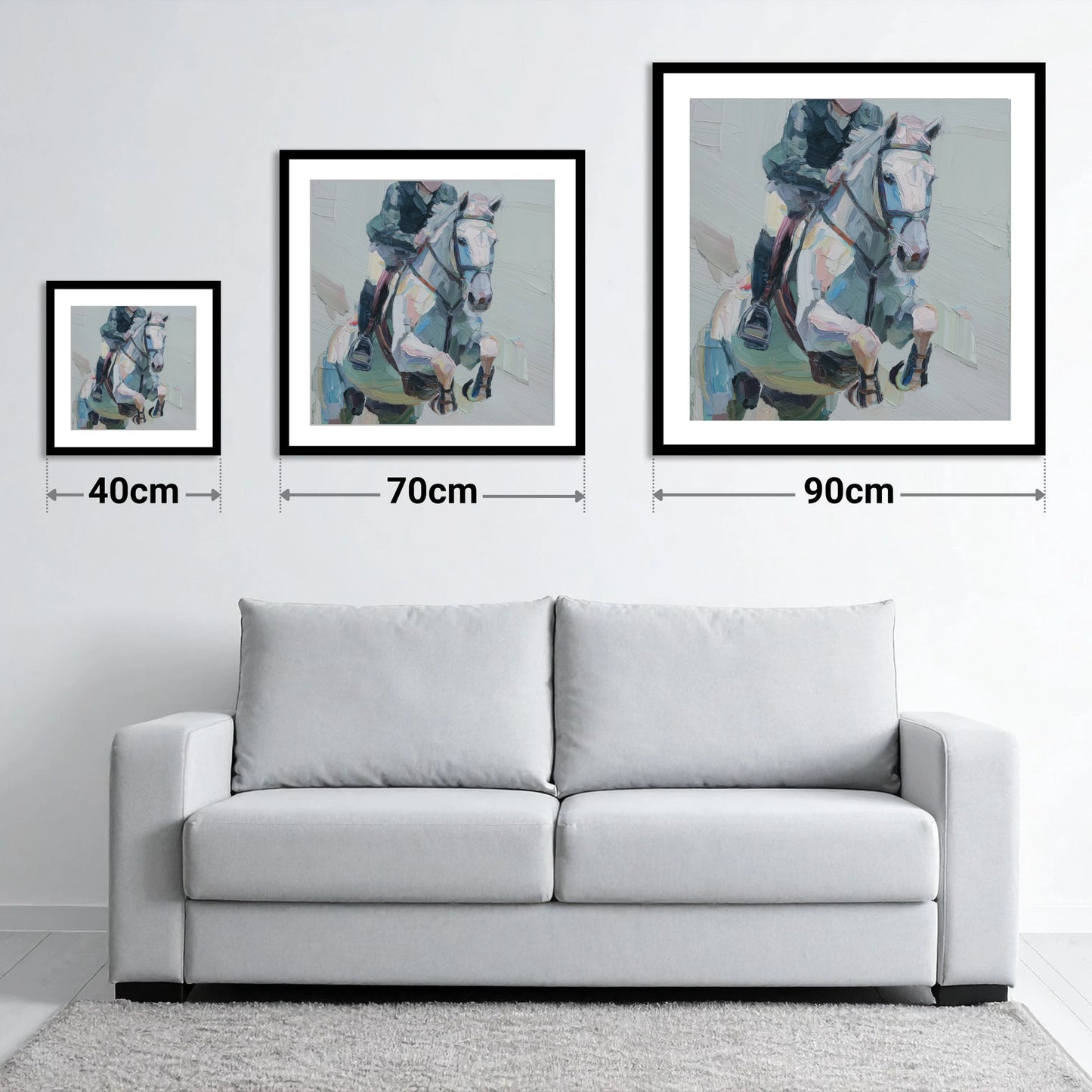 Flight in Grey - size guide showing 40cm, 70cm and 90cm art prints