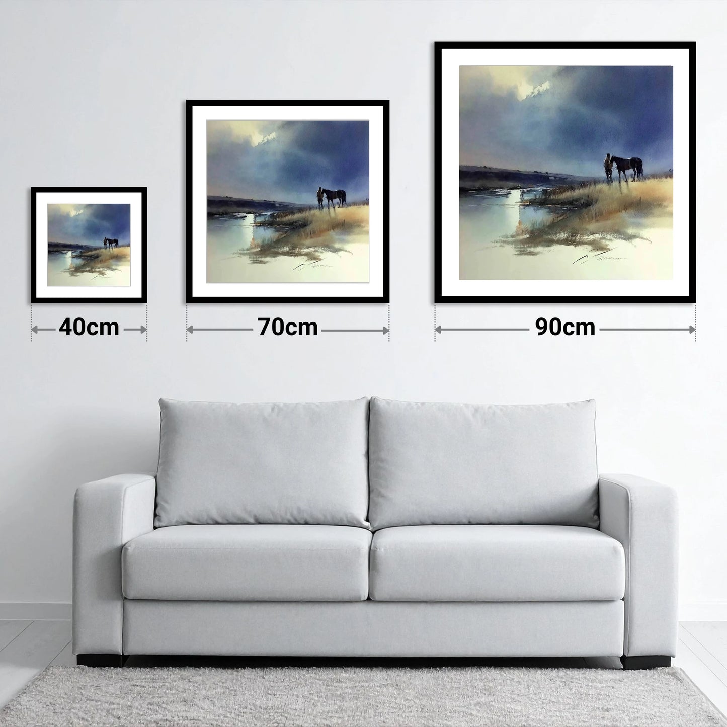 Storm Light Companions - size guide showing 40cm, 70cm and 90cm art prints