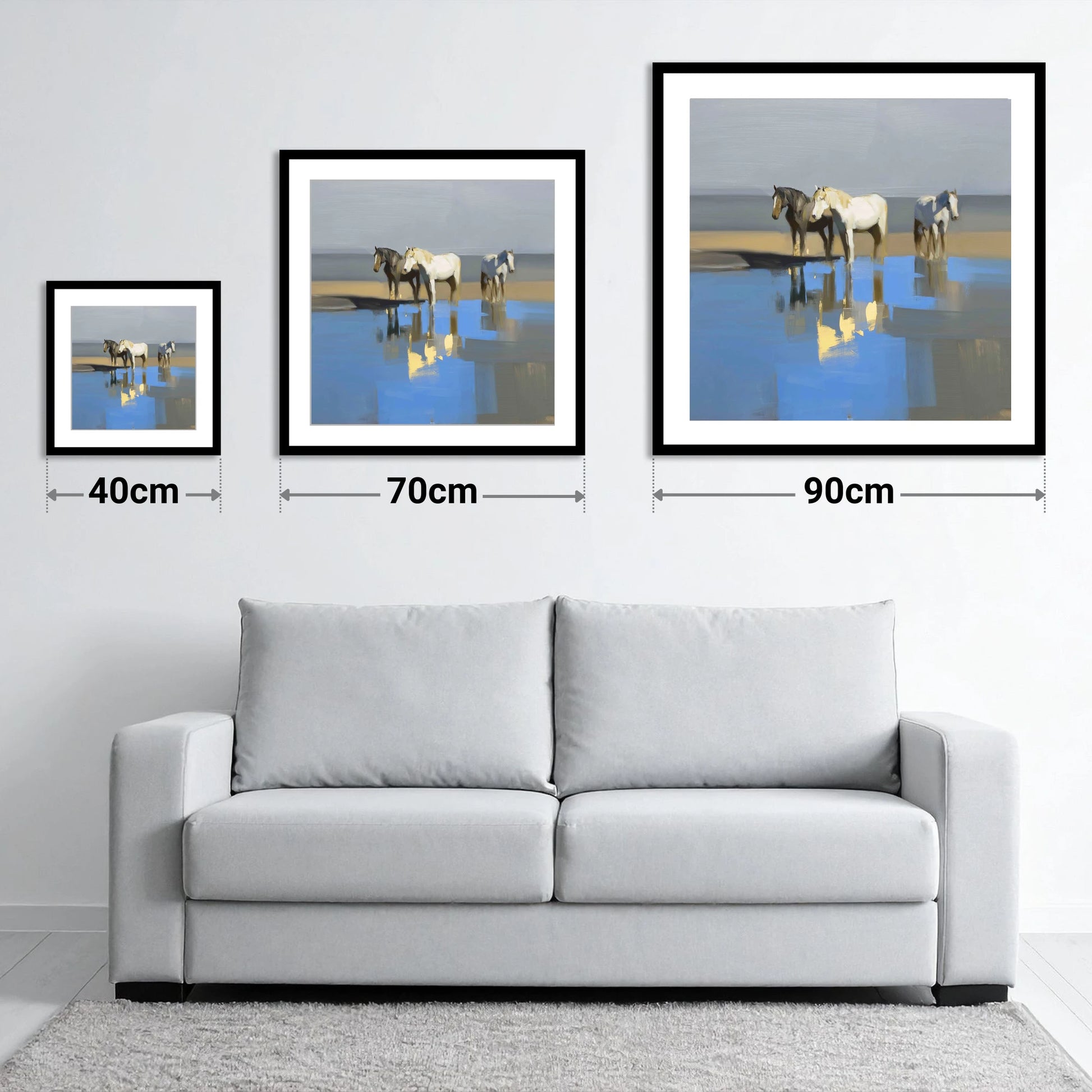 Azure Shore Reflections - size guide showing 40cm, 70cm and 90cm art prints