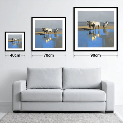 Azure Shore Reflections - size guide showing 40cm, 70cm and 90cm art prints