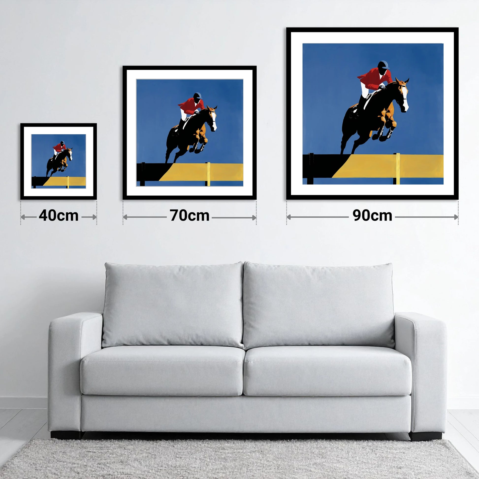 Suspended in Blue - size guide showing 40cm, 70cm and 90cm art prints