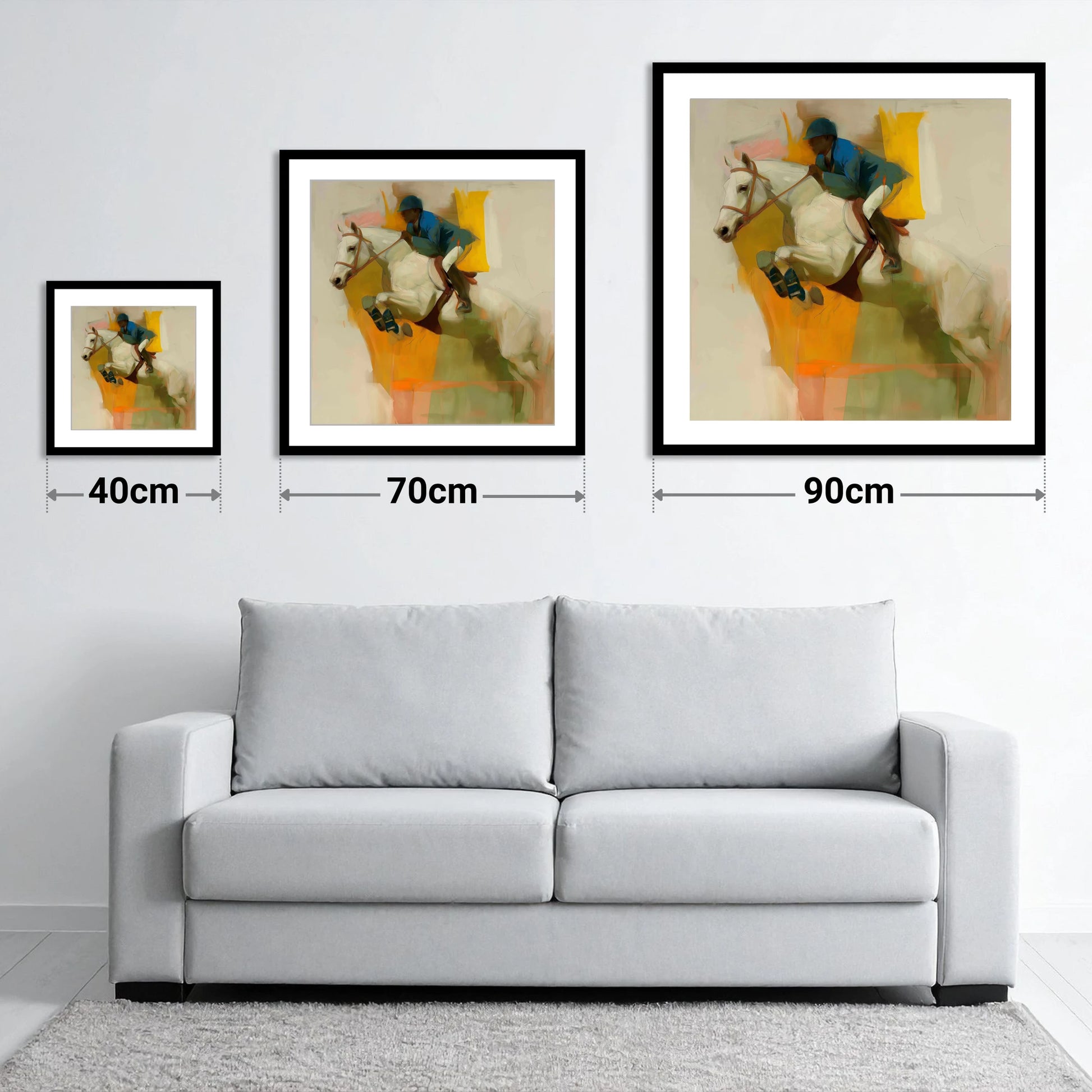 The Moment of Suspension - size guide showing 40cm, 70cm and 90cm art prints