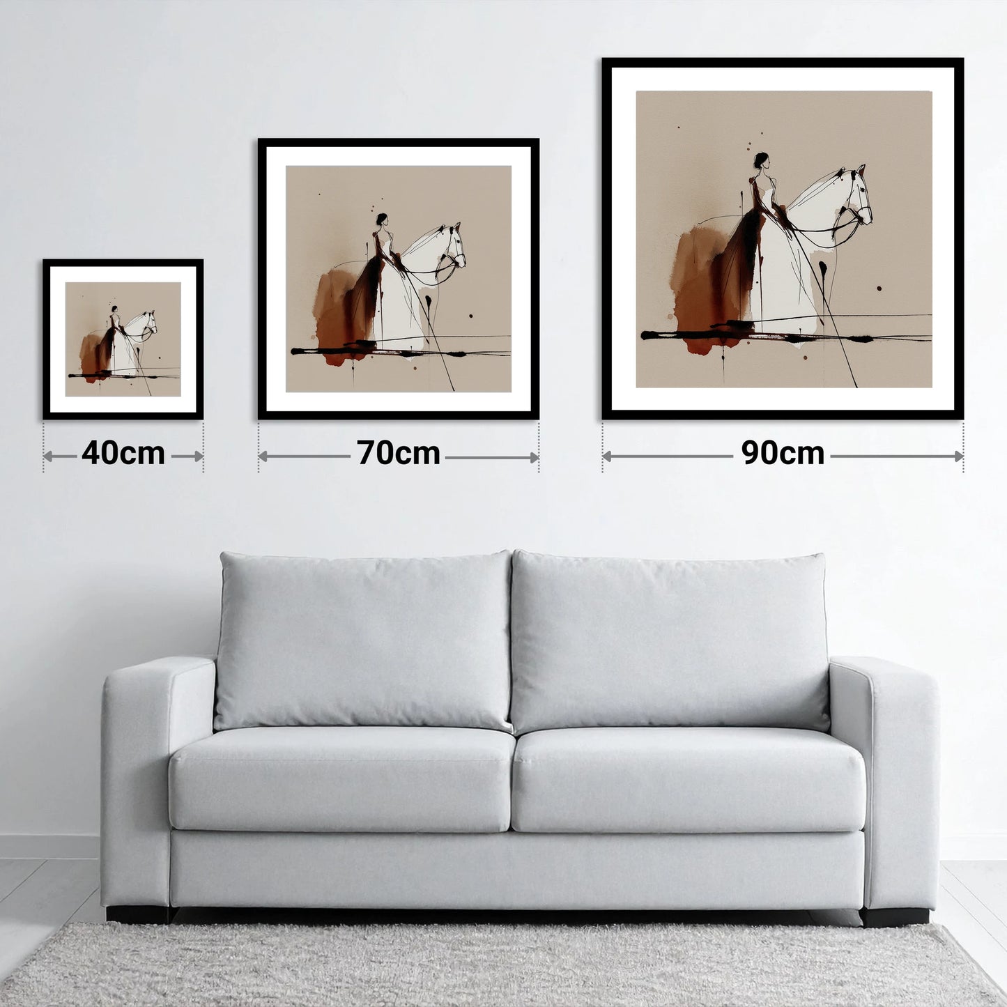 Timeless Connection - size guide showing 40cm, 70cm and 90cm art prints