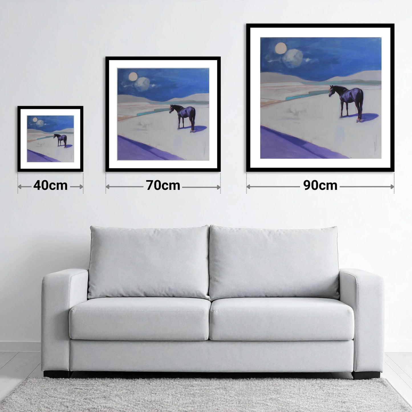 Midnight Solitude - size guide showing 40cm, 70cm and 90cm art prints