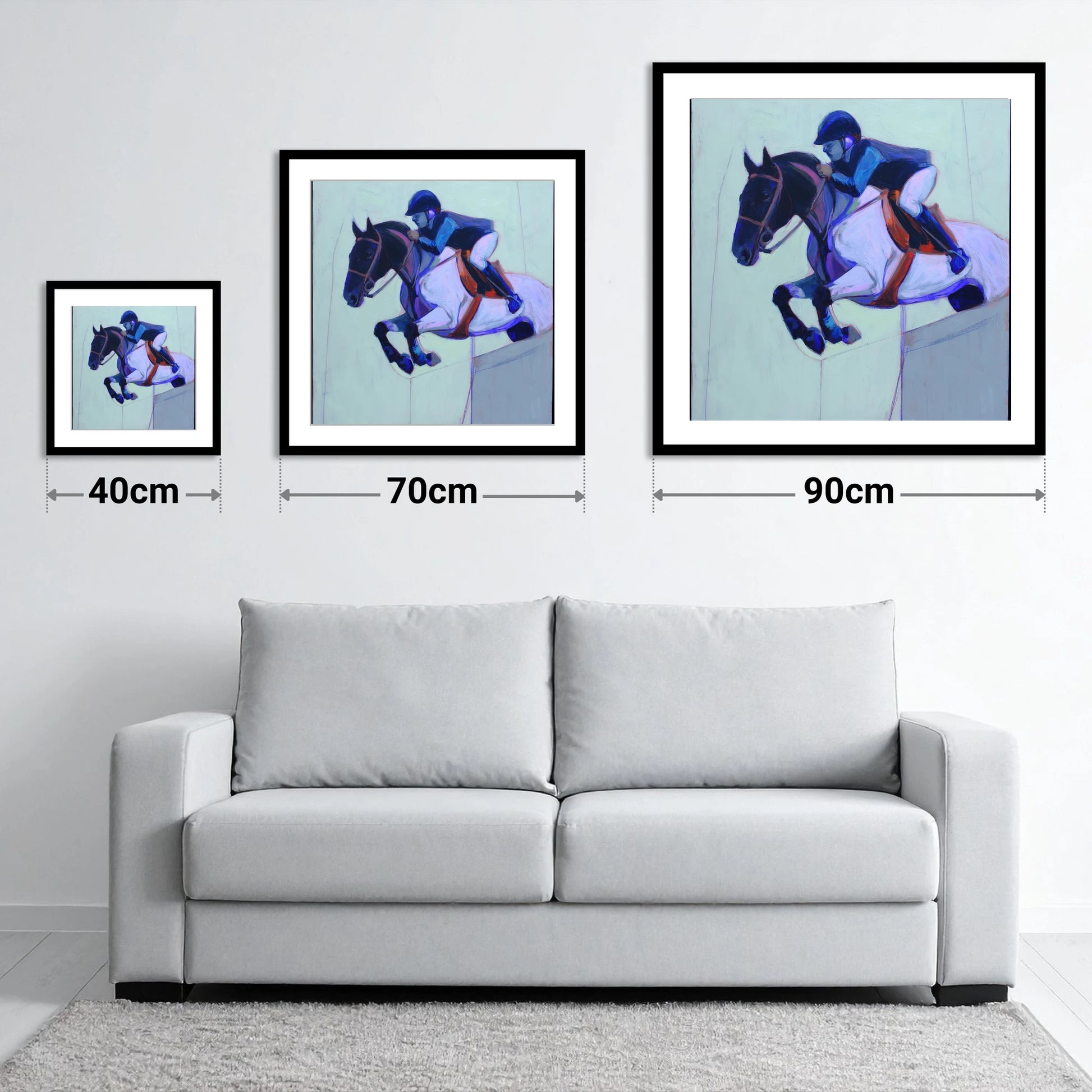 Indigo Flight - size guide showing 40cm, 70cm and 90cm art prints