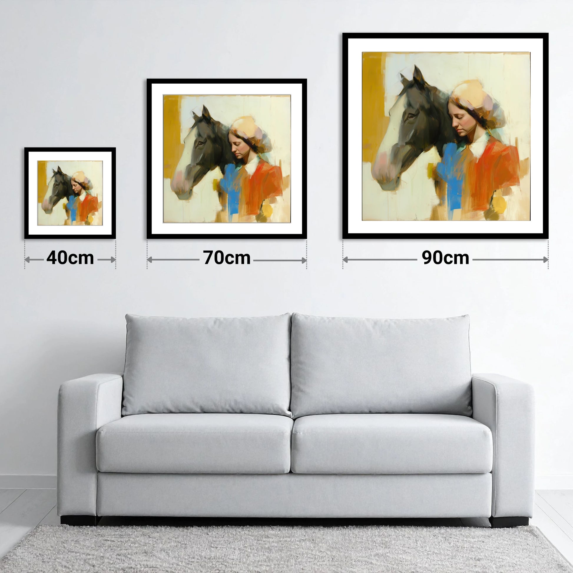 Unspoken Bond - size guide showing 40cm, 70cm and 90cm art prints